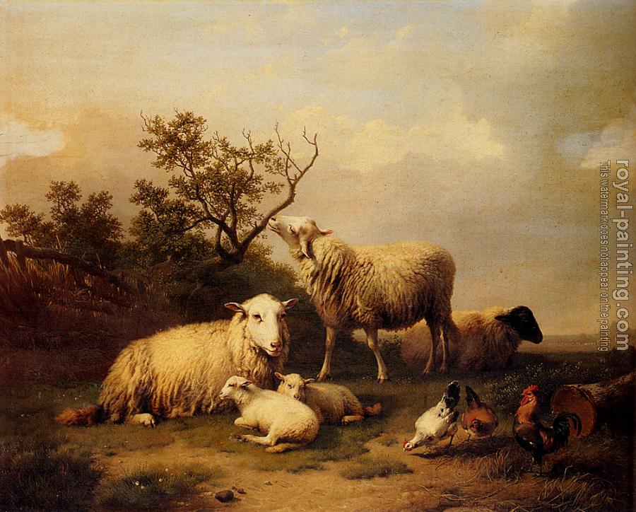 Eugene Joseph Verboeckhoven : Sheep With Resting Lambs And Poultry In A Landscape